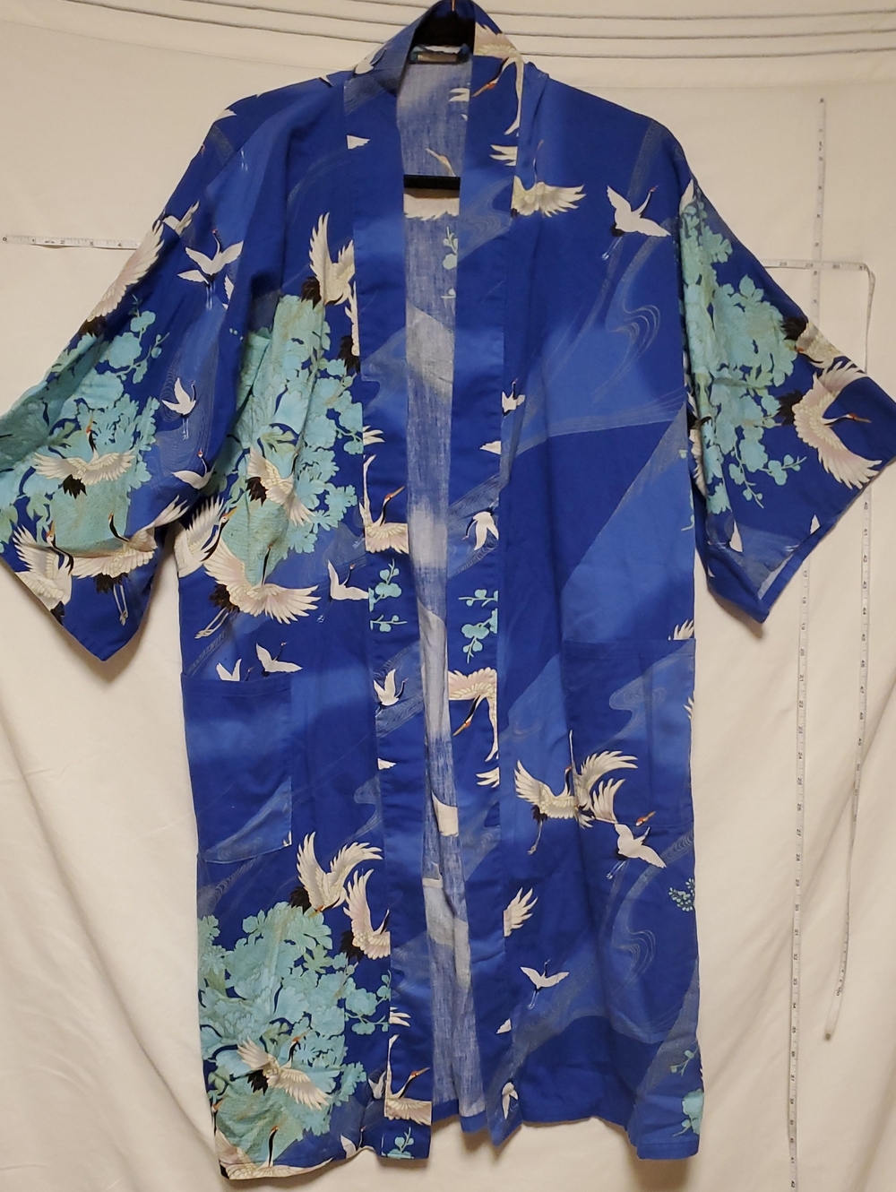 Vintage Cotton Kimono Yukata Blue Robe With Crane Detail Made In Japan Sz 42